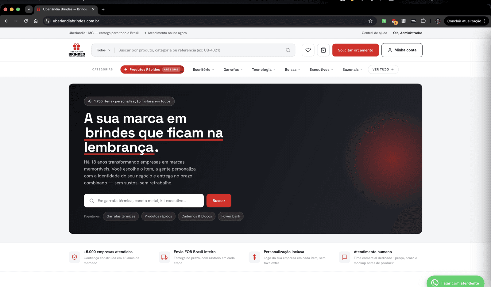 Tela real do Uberlândia Brindes
